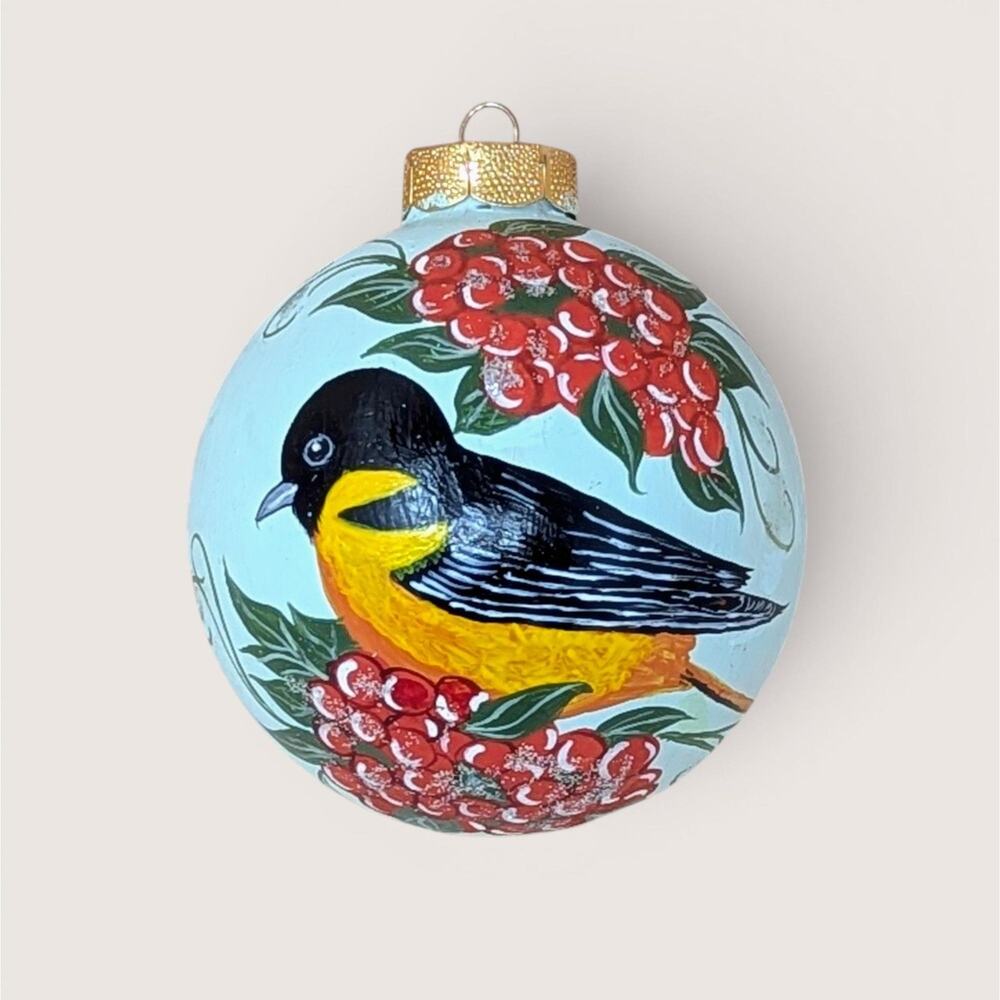 Vintage Hand Painted Glass Baltimore Oriole Bird Ornament